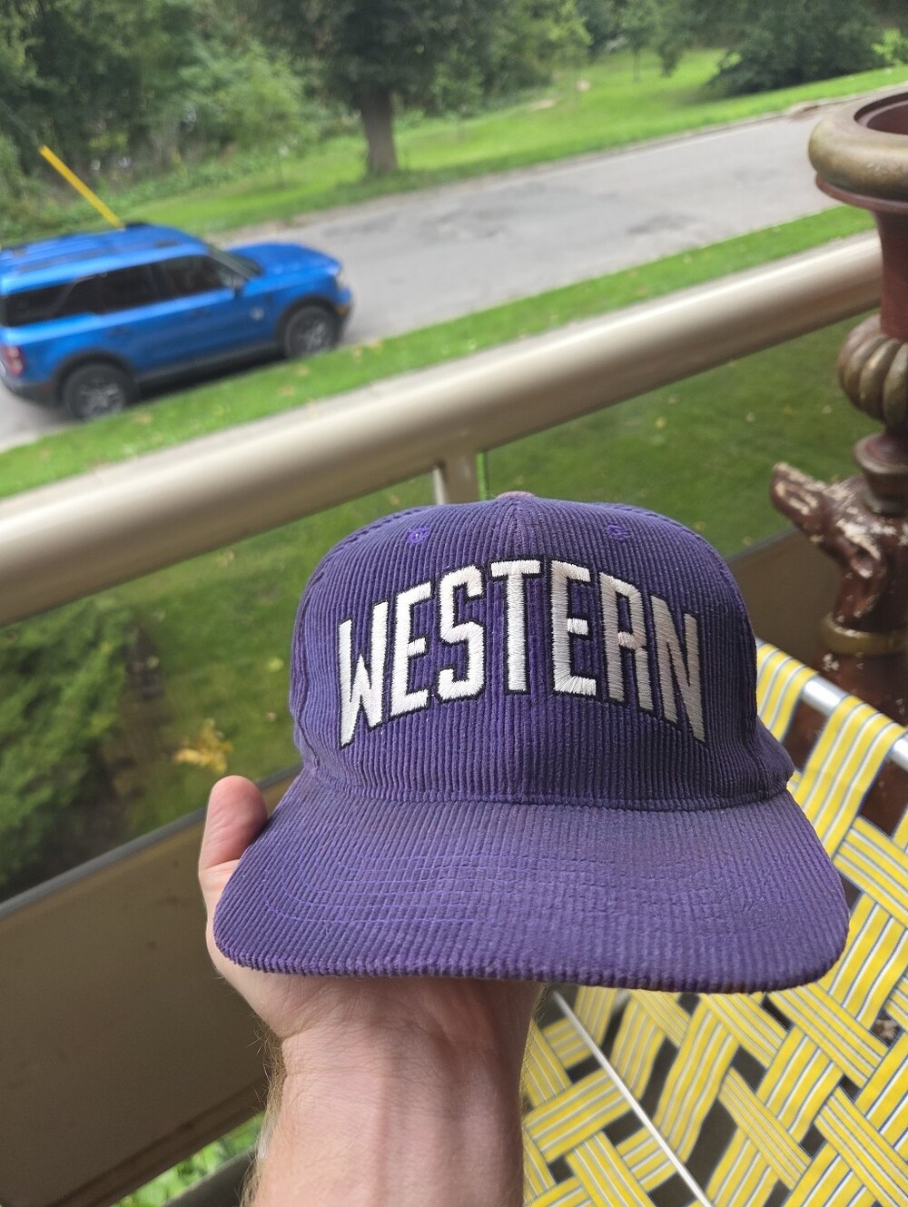 Vintage 90s Starter Western University Corduroy Snapback Hat Purple Green RARE